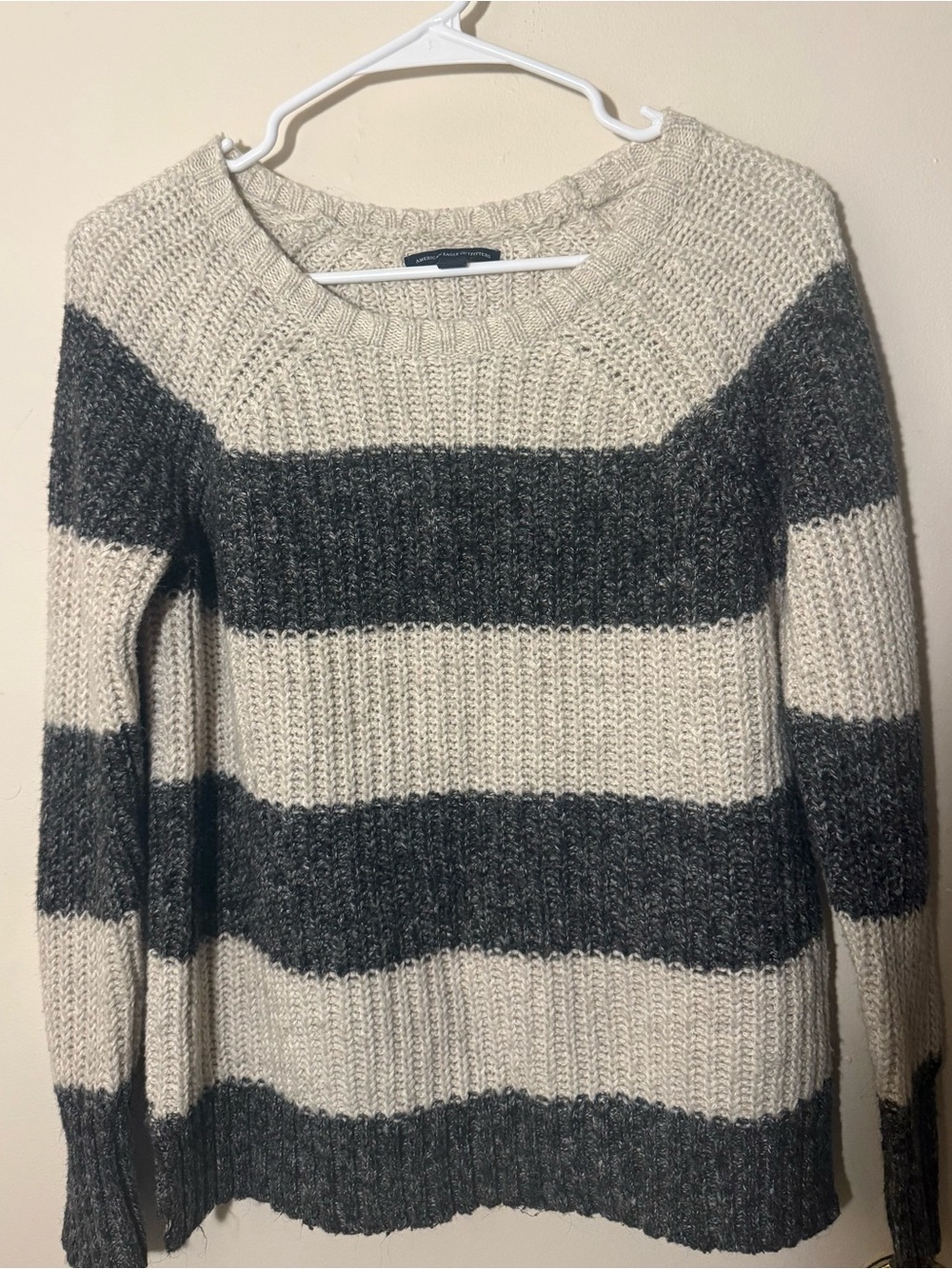 American Eagle Outfitters Striped Crewneck Sweater in Cream and Dark Gray